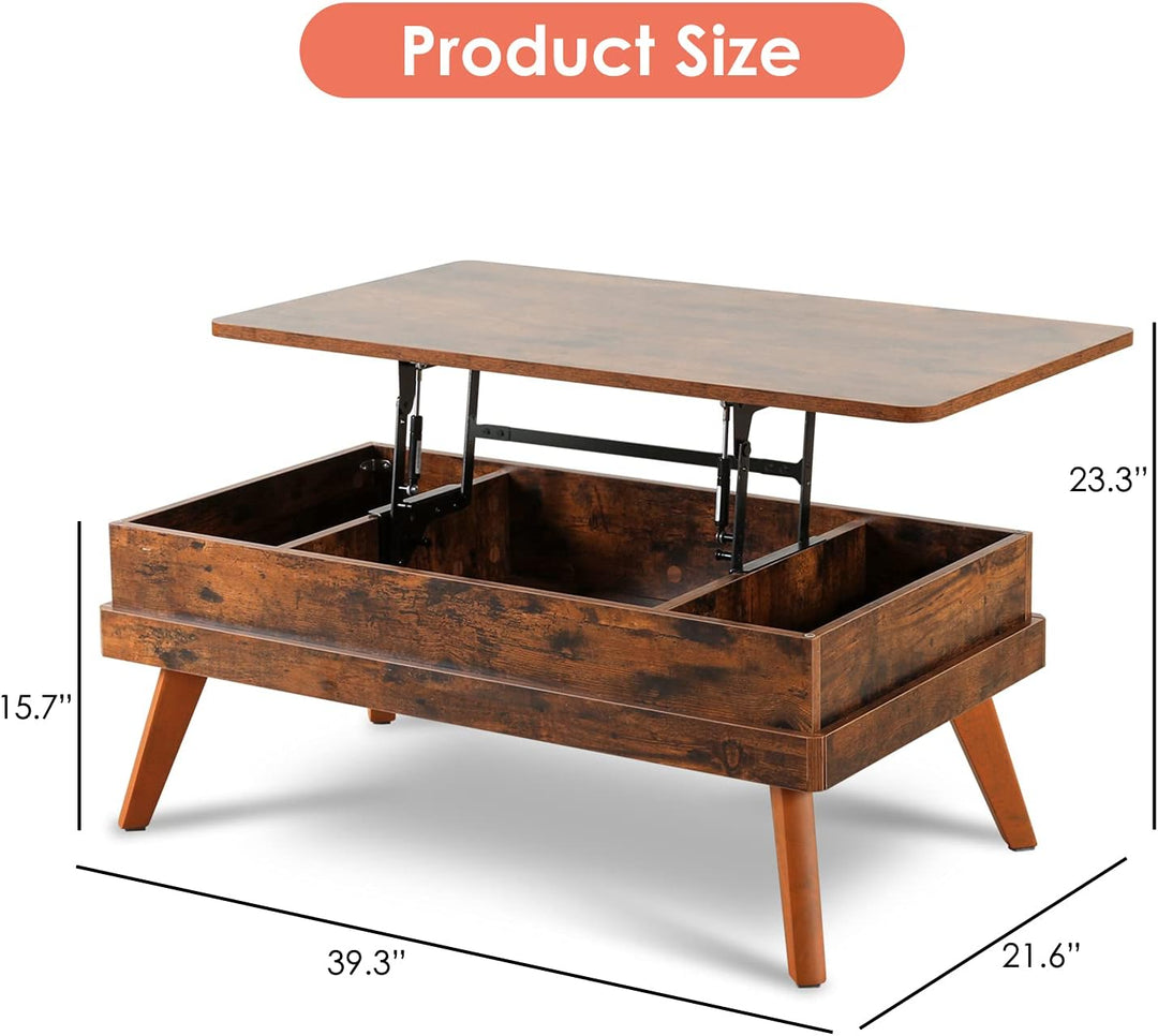 Rustic Lift-Top Coffee Table with Hidden Storage, Industrial