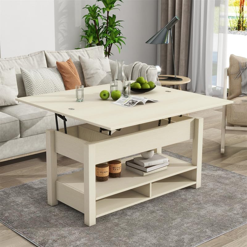 Lift Top Coffee Table with Storage Shelf, Wooden Coffee Tables, Ivory