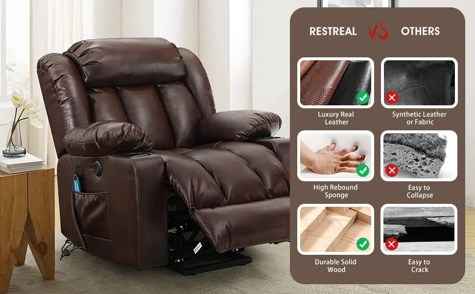 COOSLEEP Power Lift Recliner Chair Massage Heat Elderly Brown