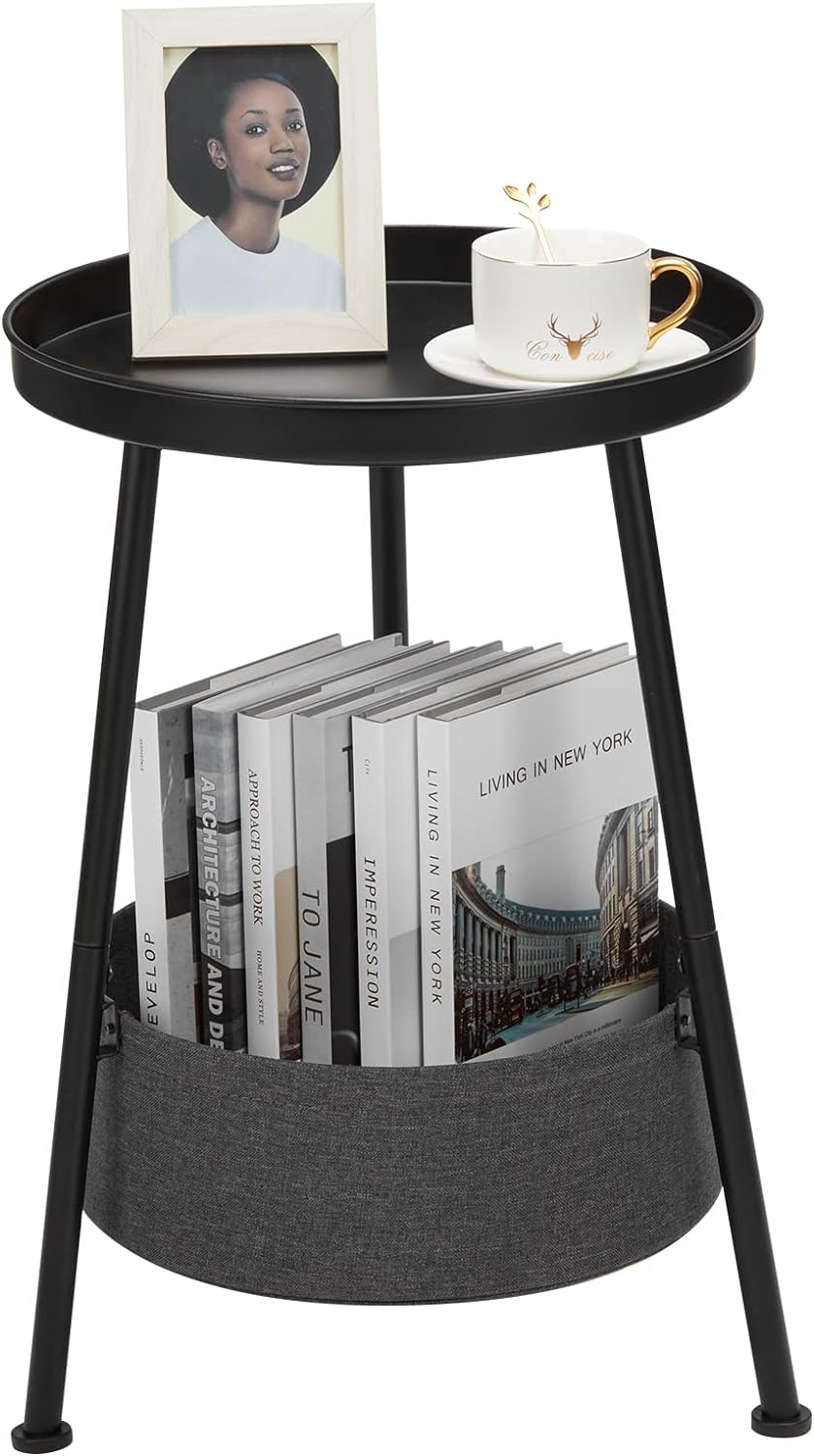 Industrial Round End Table, 2 Tiers Black Round Side Table with Storage Basket