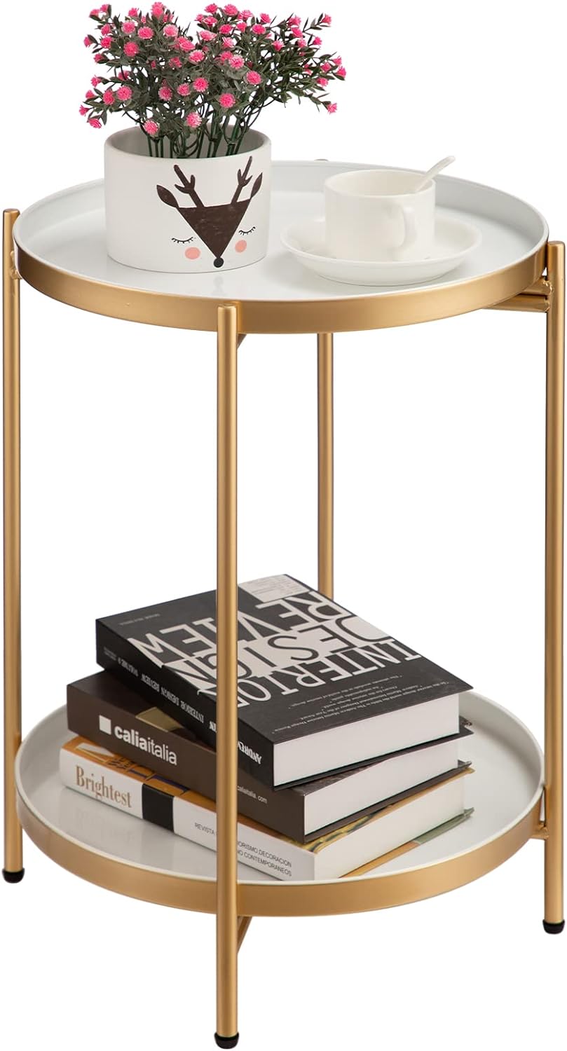 2-Tier Round Metal End Table, Gold&White