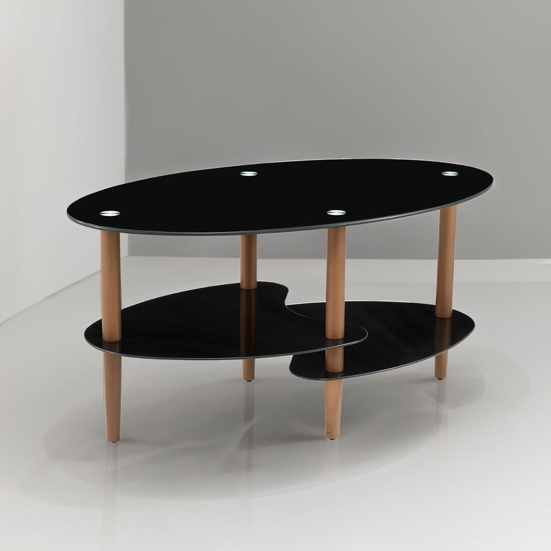 Modern Oval Glass Coffee Table with Oak Wood Legs, Black