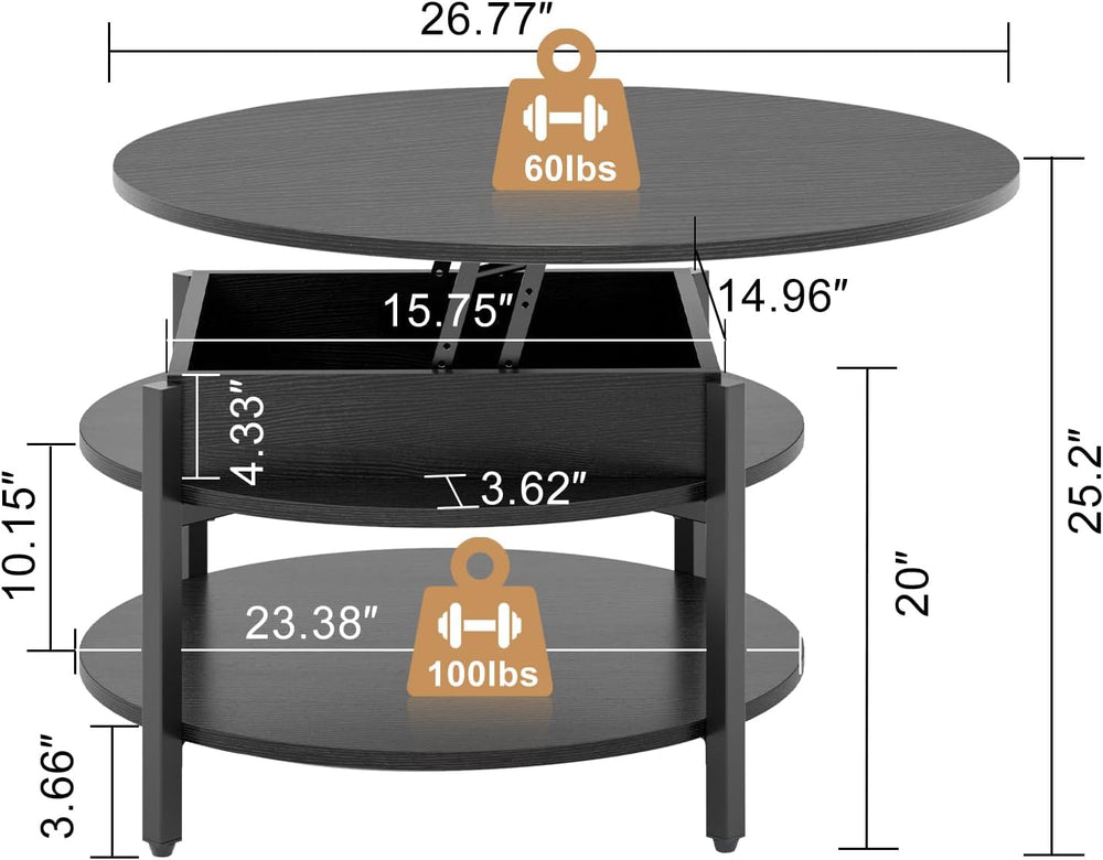 Farmhouse Round Lift Top Coffee Table with Hidden Storage, Black