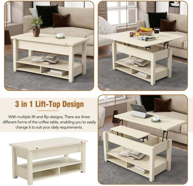 Lift Top Coffee Table with Storage Shelf, Wooden Coffee Tables, Ivory