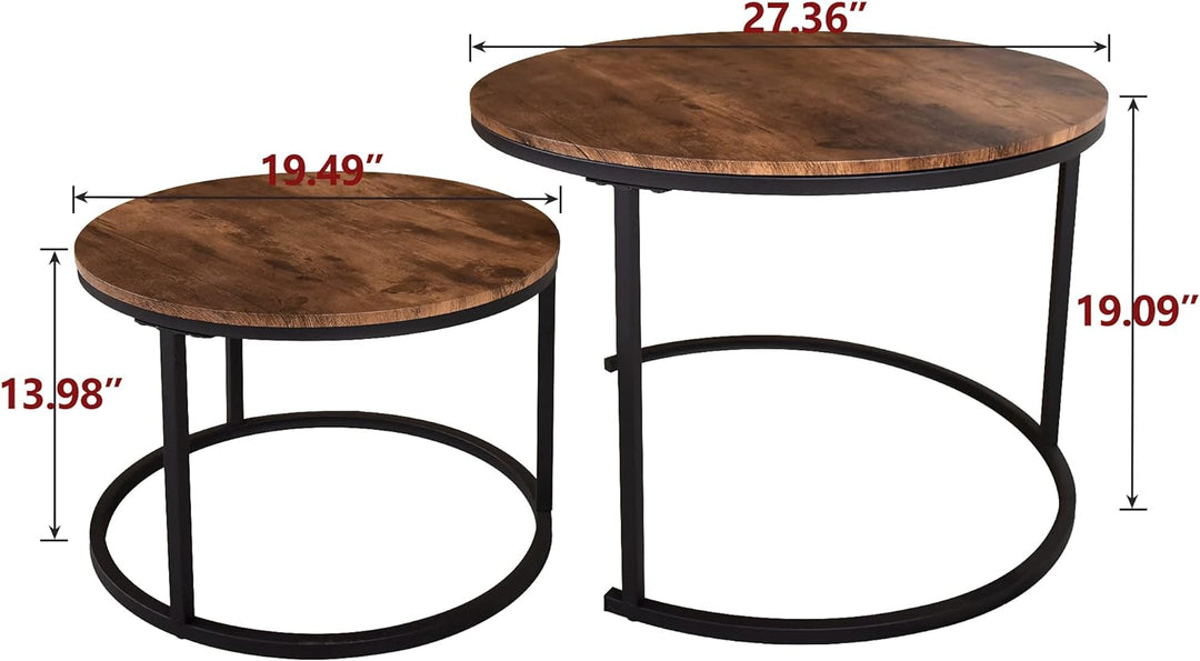 Industrial Round Coffee Table Set, Stacking Side Tables, Rustic Brown