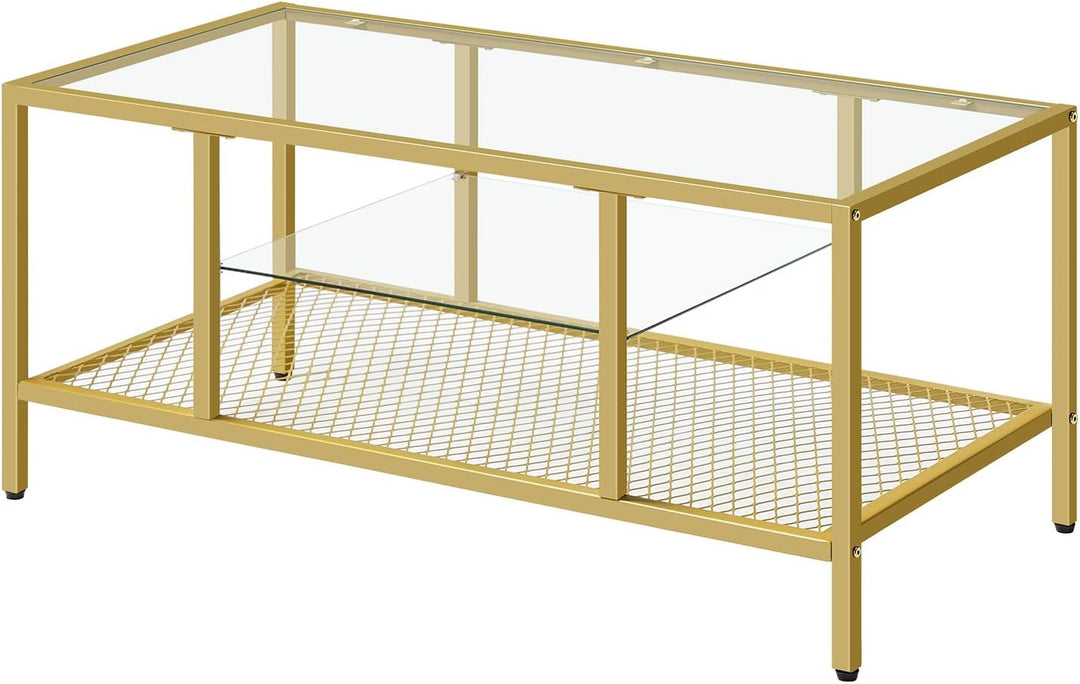 Gold Coffee Table, Glass Coffee Table for Living Room, 3-Tier Rectangular Coffee Table, Gold Glass Coffee Table with Storage Shelf, Metal Frame, Gold