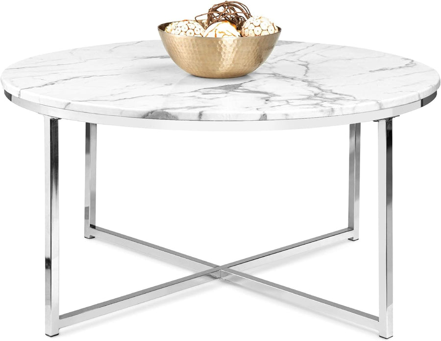 Faux Marble Accent Table, Modern Large End Table, White/Chrome