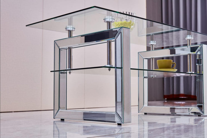 Glass Coffee Table, Modern Design with Lower Shelf, Mirrored Legs, Transparent