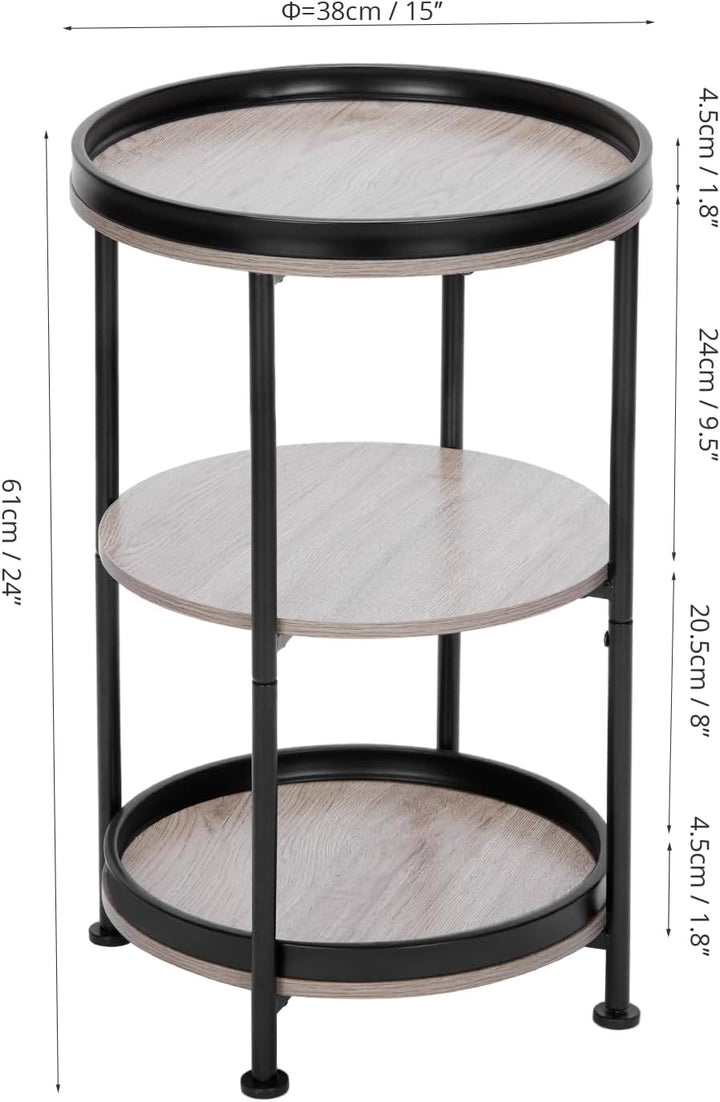 Side Table, 3 Shelves, Steel Frame, Oak