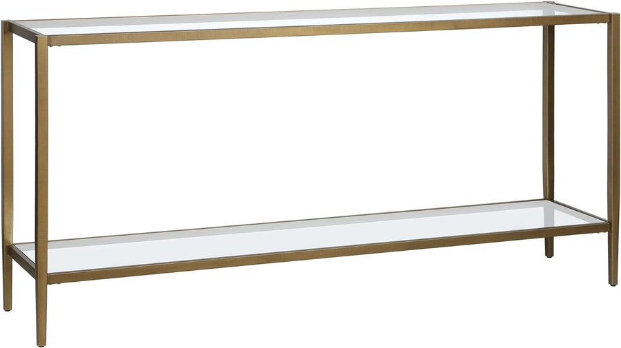 Rectangular Console Table with Glass Shelf, Brushed Brass