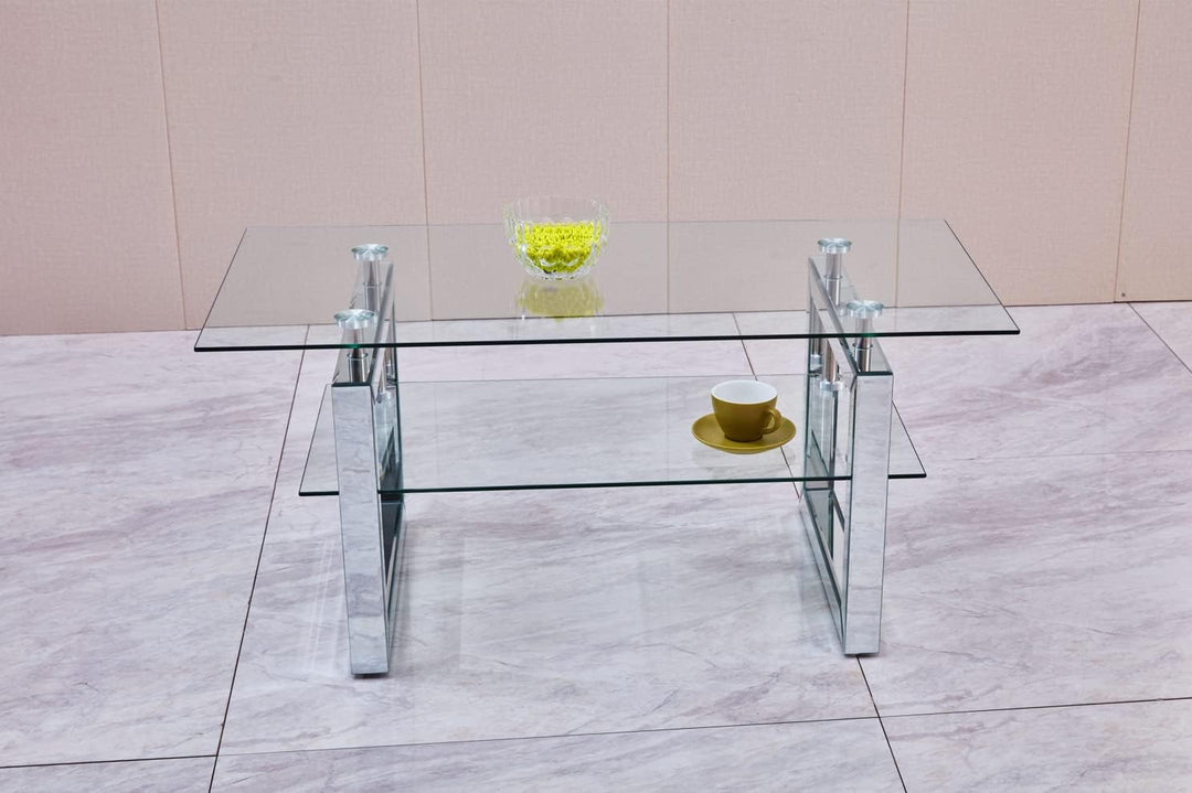 Glass Coffee Table, Modern Design with Lower Shelf, Mirrored Legs, Transparent