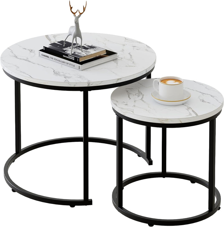 Elegant Round Nesting Coffee Table Set, Faux Marble Wooden Accent Tables, White