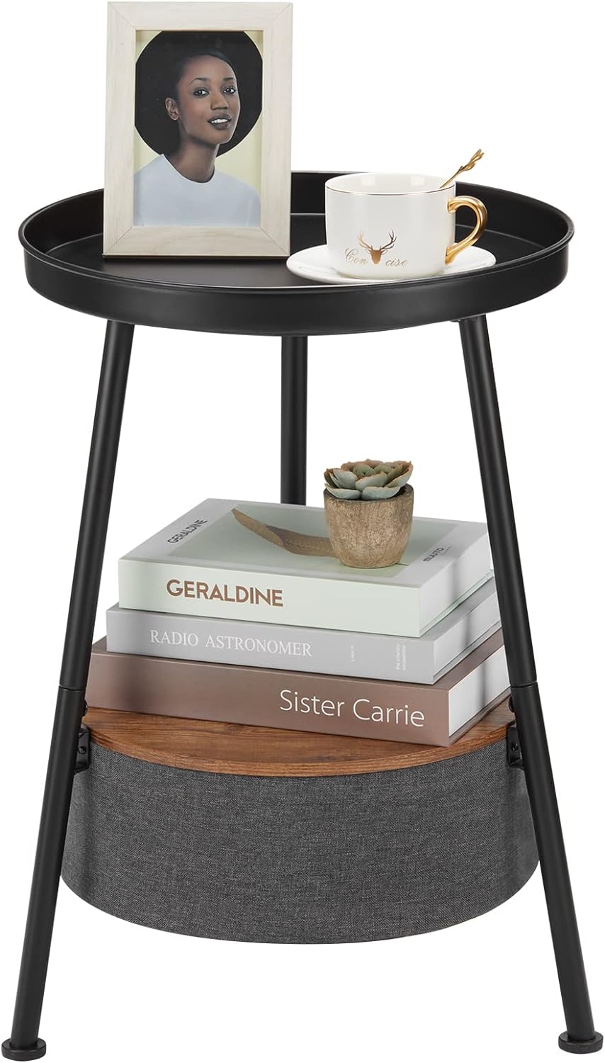 Industrial Round End Table, 2 Tiers Black Round Side Table with Storage Basket