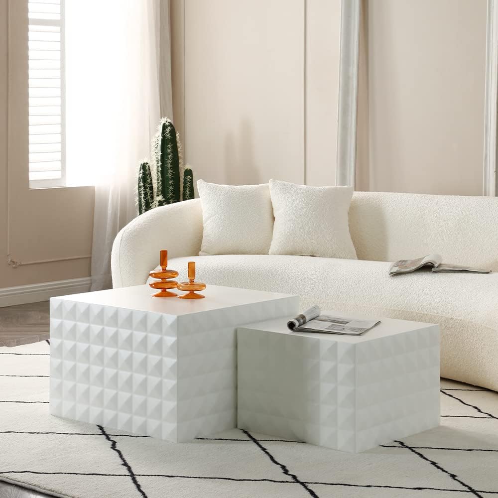 White Nesting Coffee Table Set, Modern Square Coffee Table and End Table Set, Matte White