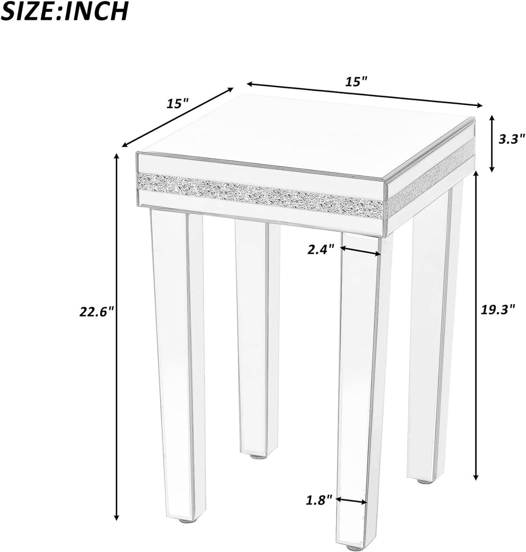 Modern Glass Mirrored Side Table with Crystal Design, Silver