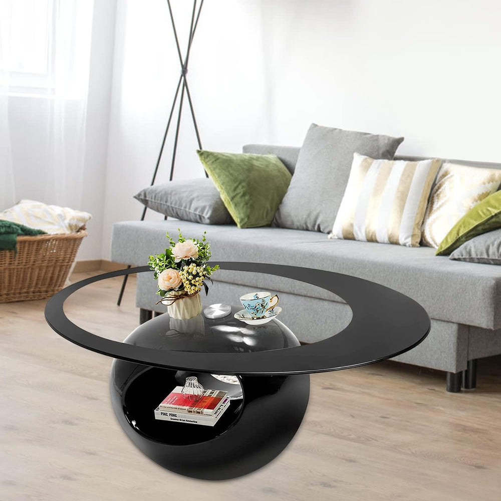 Oval Glass Coffee Table with Tempered Glass Top, Black