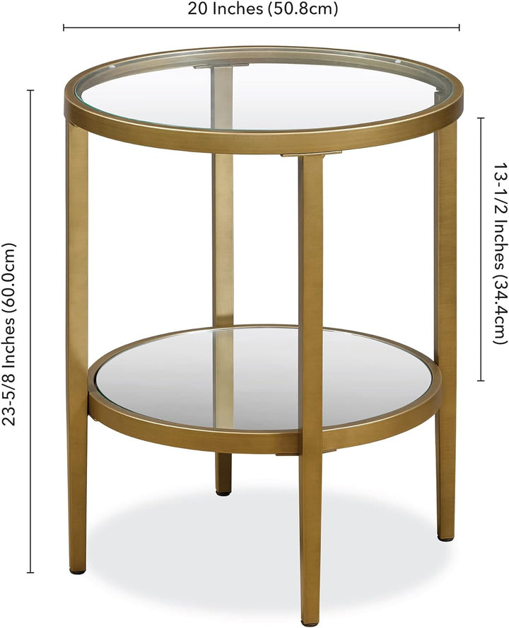 Elegant Round Side Table with Mirror Shelf, Antique Brass