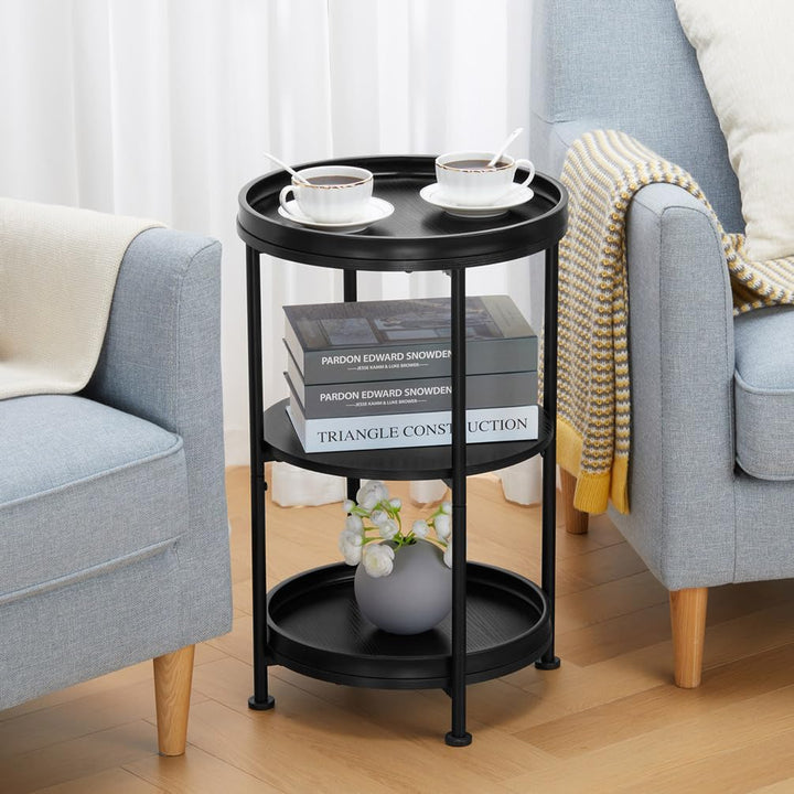 Side Table, 3 Shelves, Steel Frame, Black