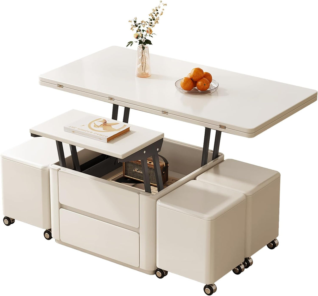 47.24" L Lift Top Coffee Table with 4 Stools, Hidden Storage, White