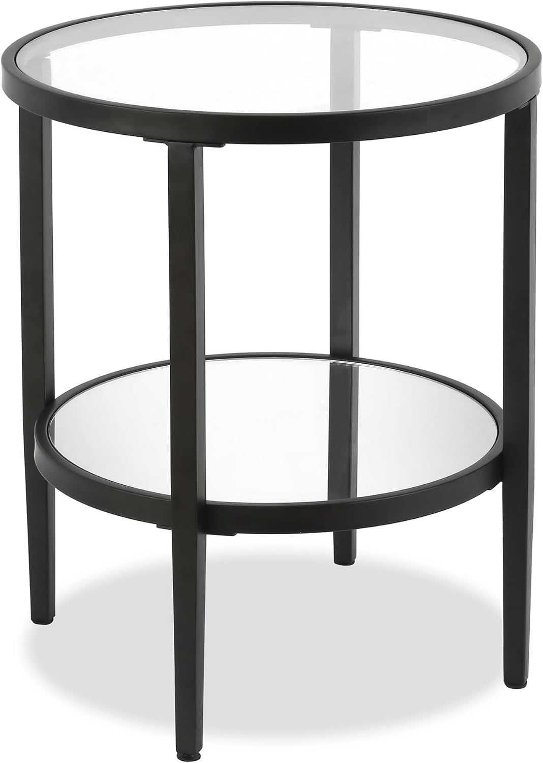 Elegant Round Side Table with Mirror Shelf, Blackened Bronze