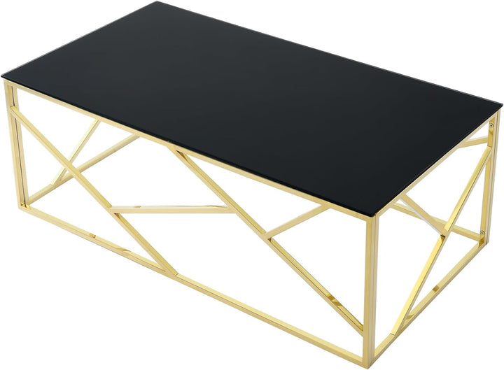 Modern Rectangular Glass Coffee Table, Black Tempered Glass Top, Gold