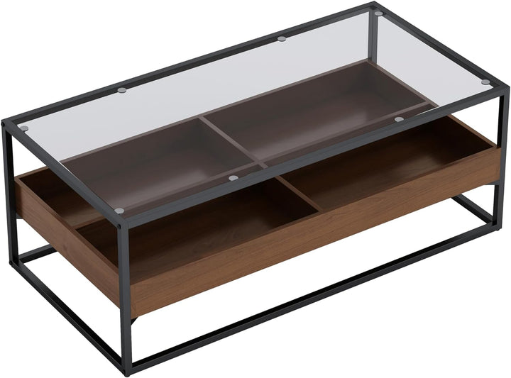 Modern Tempered Glass Coffee Table, 2-Tier with Storage Black, Brown