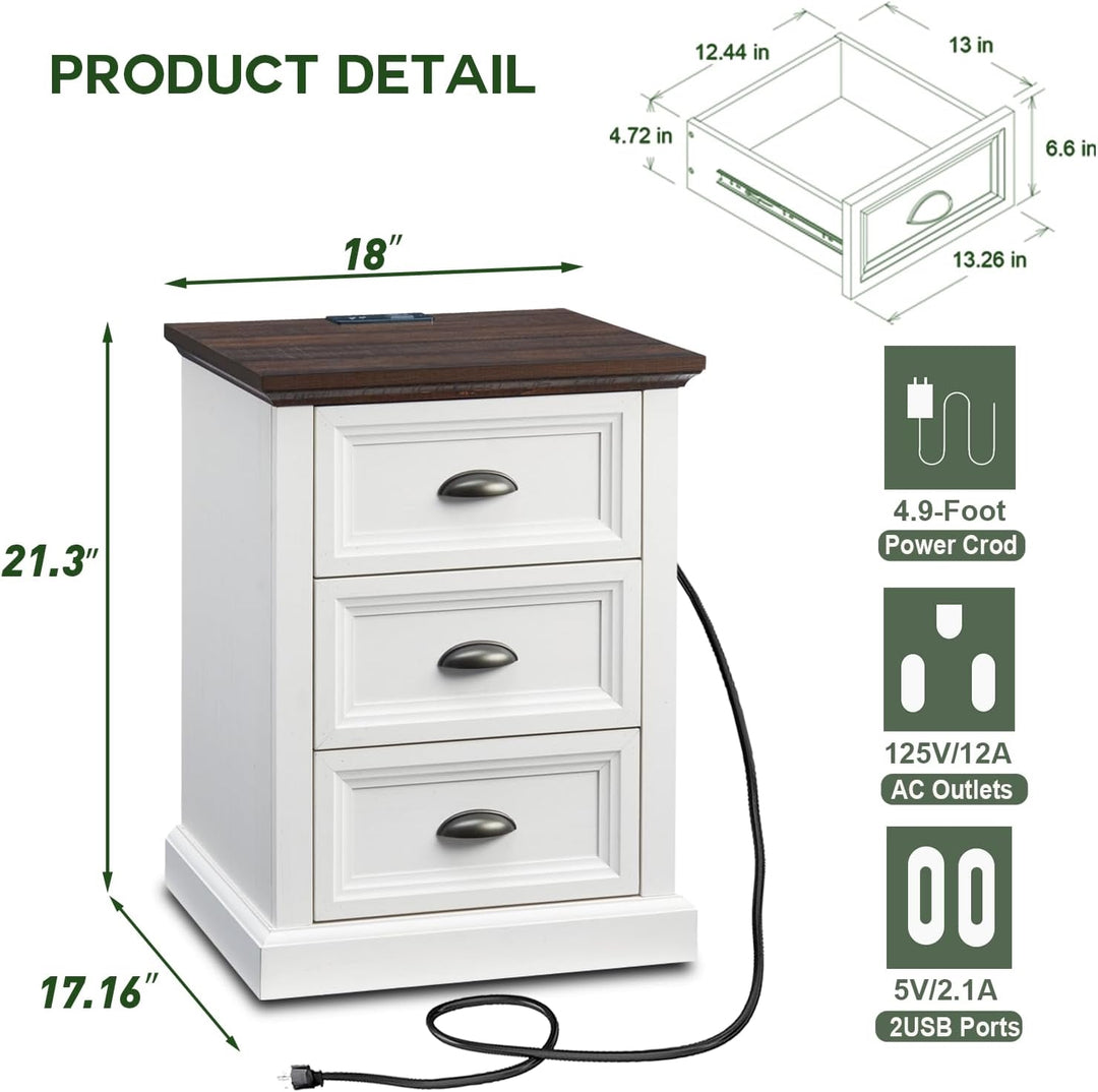 White Nightstand with Charging Station, 3 Drawer End