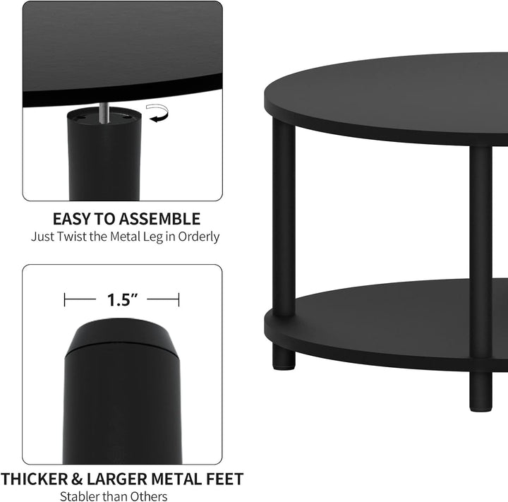 Round Coffee Table with Open Storage Shelf, 2 Tier Black Wooden