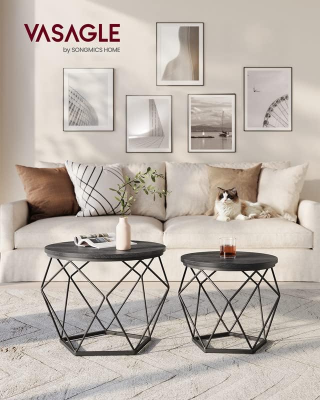 VASAGLE Small Coffee Table Set, Round Side End Tables, Black