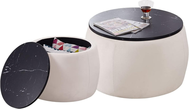 Round Coffee Table with Storage, Velvet Oversized Drum Ottoman Set, Beige