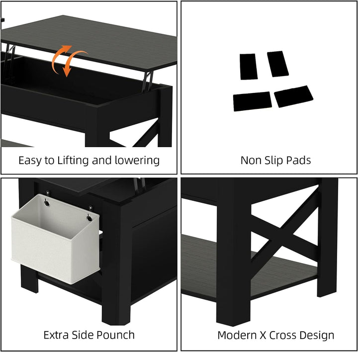 Versatile Lift-Top Coffee Table, Hidden Storage, Open Shelf, Black