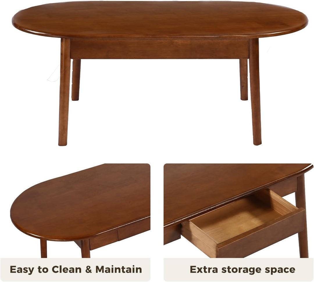 Solid Wood Coffee Table with Storage, Mid-Century Oval, Walnut