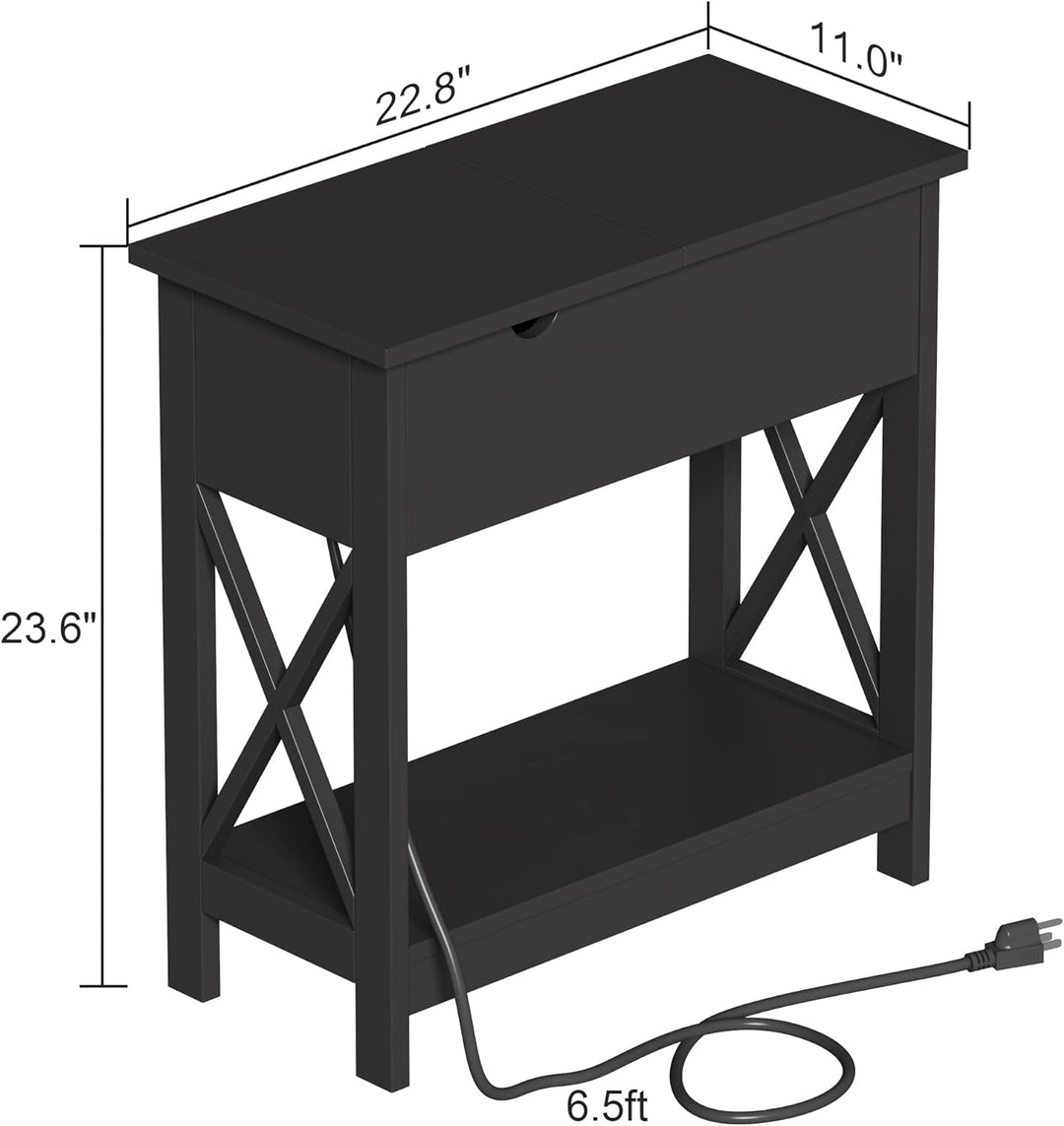 End Table with Charging Station - Narrow Flip Top Side for Small Spaces