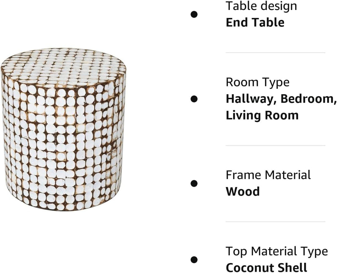 Round Side Table - Real Coconut Shell Mosaic Inlaid (White)