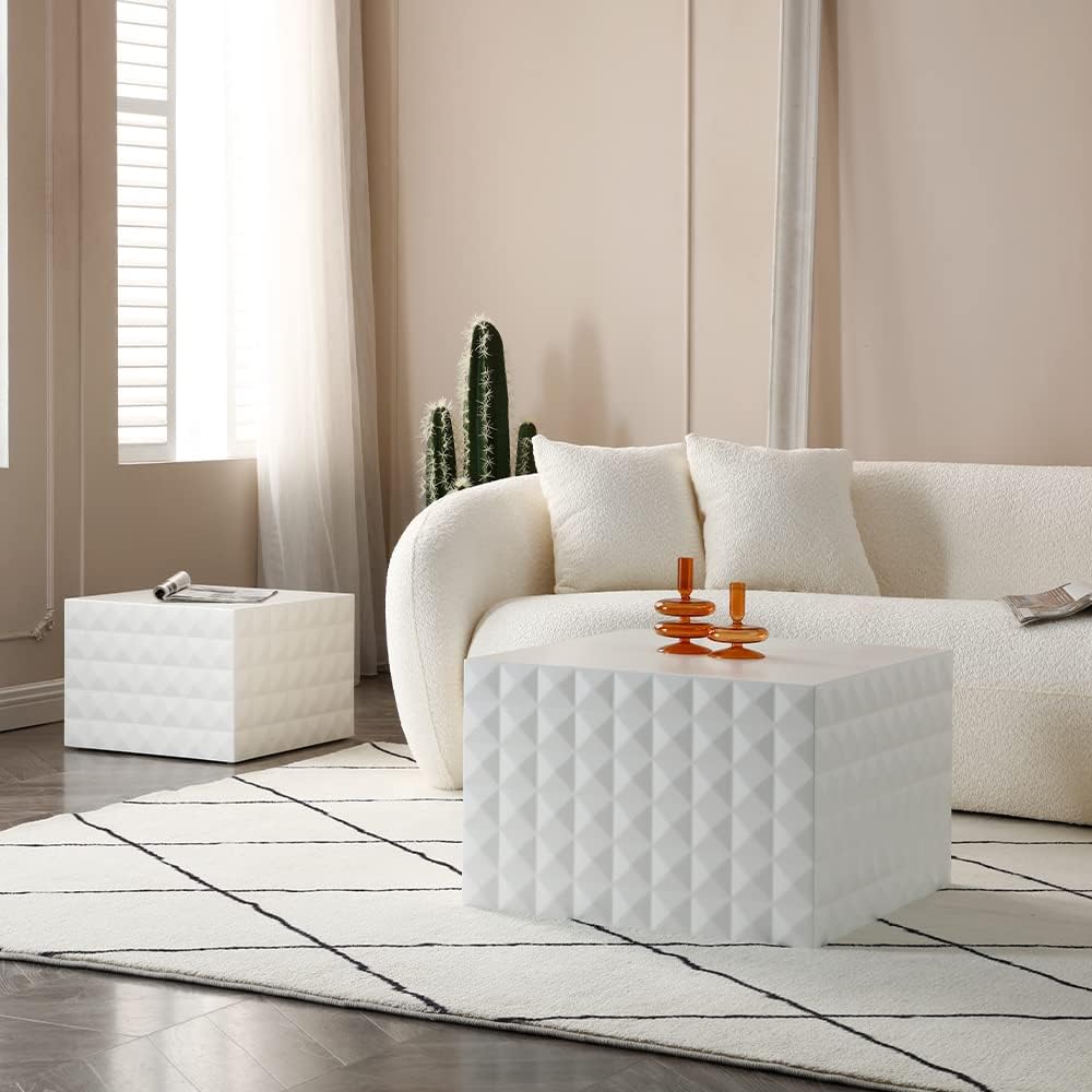 White Nesting Coffee Table Set, Modern Square Coffee Table and End Table Set, Matte White