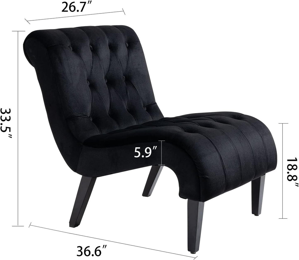 Armless Accent Chair, Upholstered Button Tufted Living Room Chairs with Wood Legs, Comfy Frosted Velvet Lounge Chair Reading Chair for Bedroom, Black