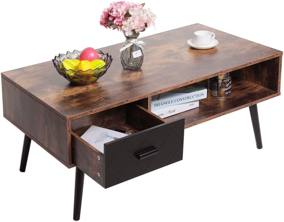 Rustic Mid-Century Coffee Table with Storage, Drawer, Shelf