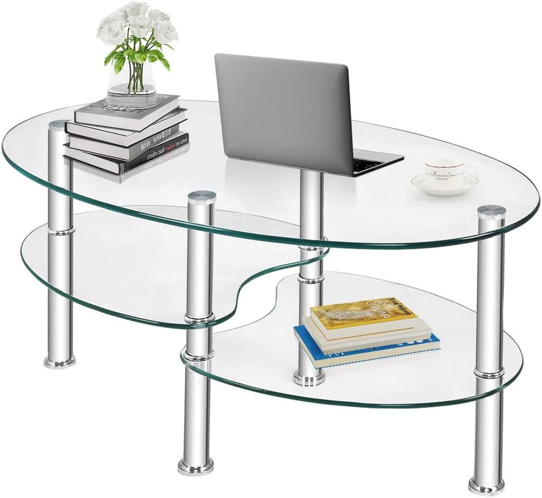 Tempered Glass Coffee Table, 3-Tier Steel Tea Table, Clear Glass