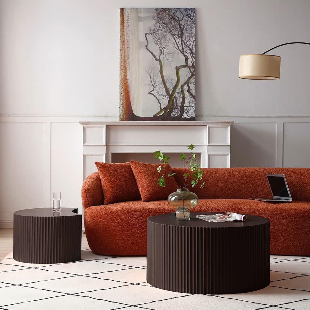 Modern Nesting Coffee Table Set, Round Drum Side Tables, Matte Brown