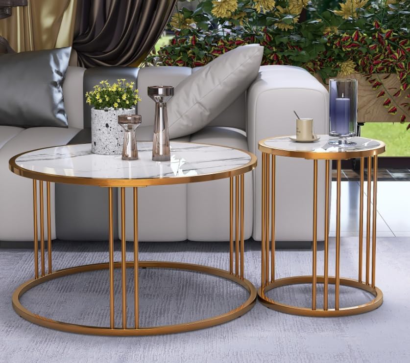 Elegant Modern Coffee Table Set, Slate with Steel Frame, Golden