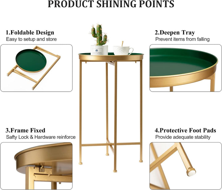 Gold Side Table, Small Round Metal Folding Accent