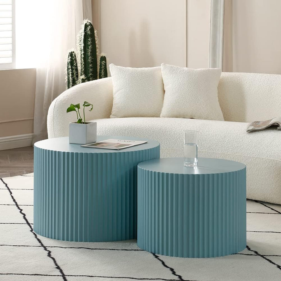 Modern Nesting Coffee Table Set, Round Wood Side Tables, Blue