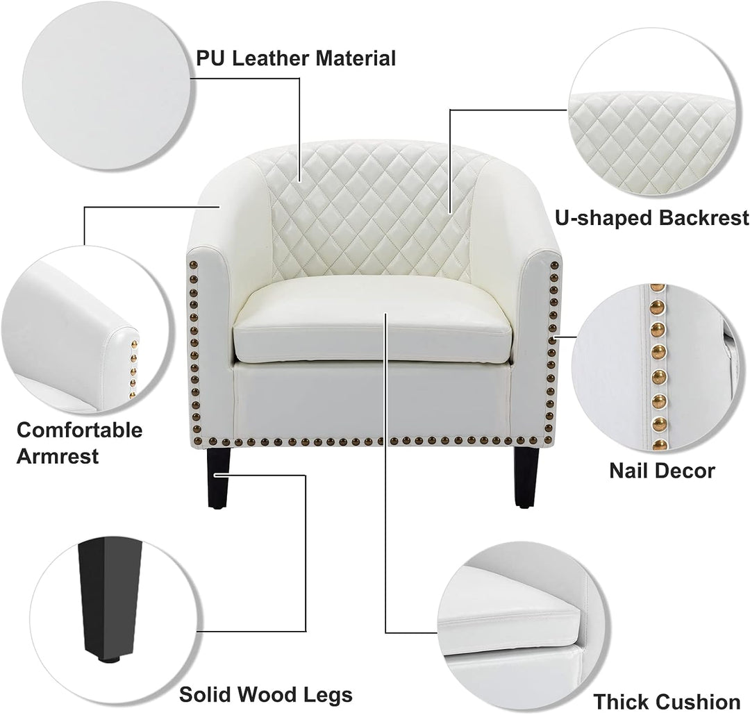 Armchair Barrel Club Chair,Modern PU Leather Accent Chair Arm Club Chair w/Nailheads and Solid Wood Legs,Tub Barrel Style Lounge Chair for Living Room Bedroom Reception Room (White)