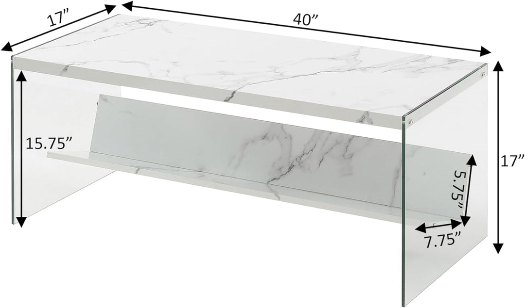 Soho Glass Coffee Table with Shelf, White Faux Marble