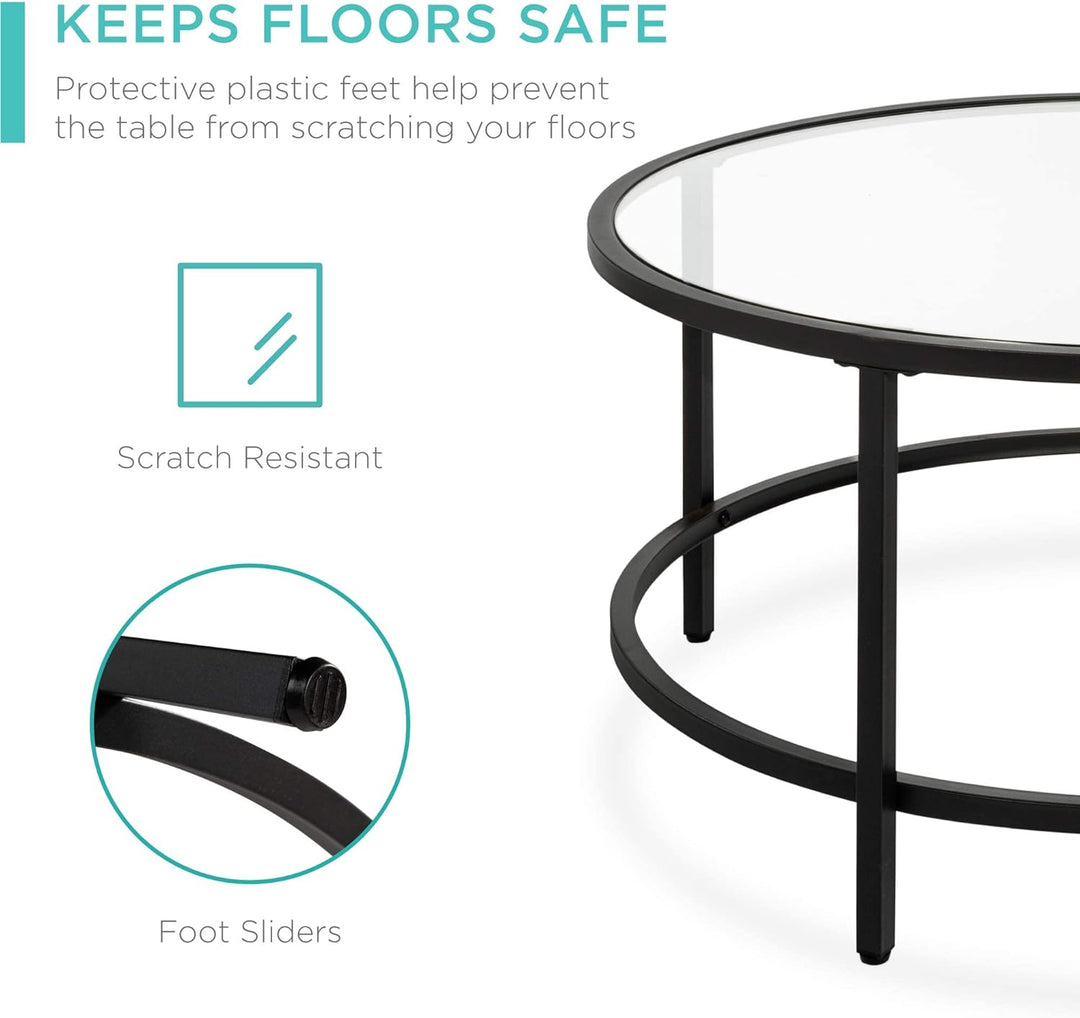 Modern Round Tempered Glass Accent Side Coffee Table, Black