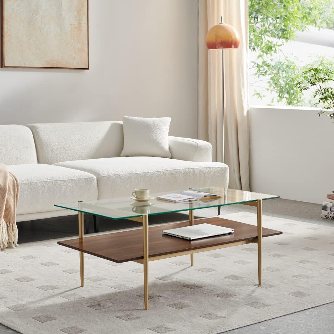 Elegant Glass Coffee Table with Walnut Wood Top, Gold Finish