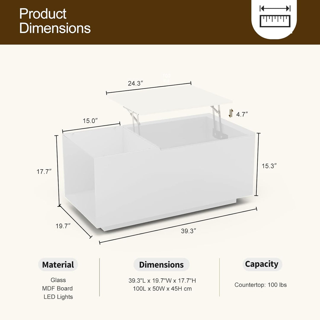 Lift Top Coffee Table with LED Lights and Charging Station, White