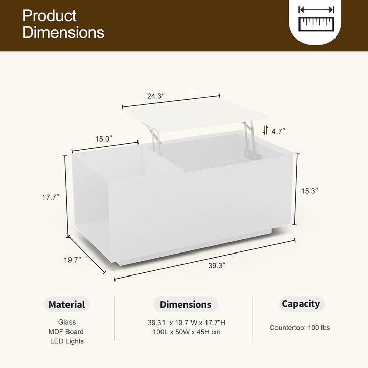 Lift Top Coffee Table with LED Lights and Charging Station, White