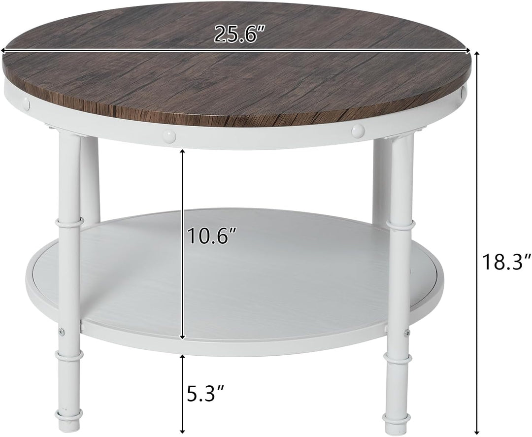 Farmhouse Coffee Table, 2-Tier Storage Wood Center Circle Accent Table, Dark Walnut White