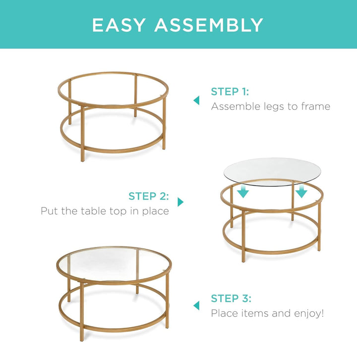 Modern Round Tempered Glass Accent Side Coffee Table, Bronze Gold